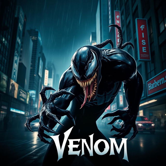 An artistic movie poster for a fictional movie titled 'Venom', featuring a dark, menacing figure resembling a mix between a symbiote and a monstrous entity