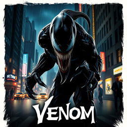 An artistic movie poster for a fictional movie titled 'Venom', featuring a dark, menacing figure resembling a mix between a symbiote and a monstrous entity