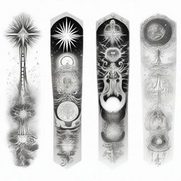 A light-themed black and white sleeve tattoo design showing a narrative of spiritual communication between spirit and heaven, with elements of astral projection, reincarnation, and multidimensional frequencies