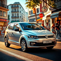 A dynamic scene featuring a Volkswagen Gol, a compact and stylish car, parked on a vibrant city street
