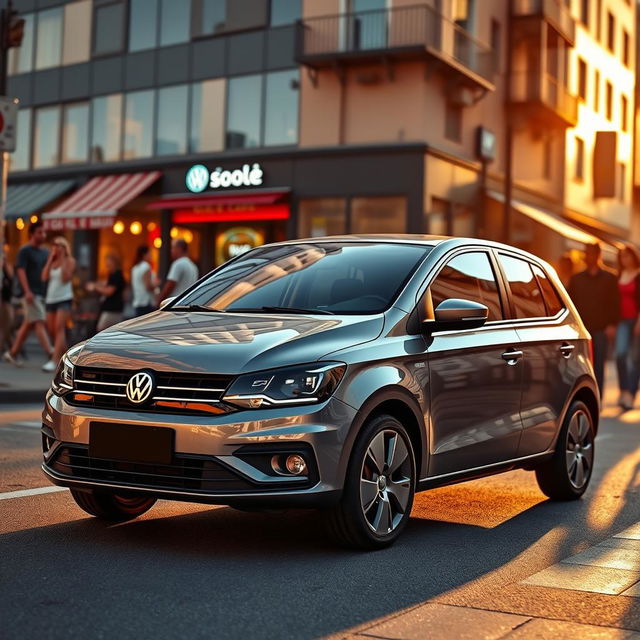 A dynamic scene featuring a Volkswagen Gol, a compact and stylish car, parked on a vibrant city street