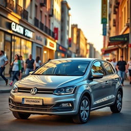 A dynamic scene featuring a Volkswagen Gol, a compact and stylish car, parked on a vibrant city street