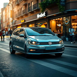 A dynamic scene featuring a Volkswagen Gol, a compact and stylish car, parked on a vibrant city street