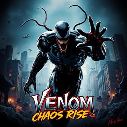 A dynamic movie poster for 'Chaos Rises', featuring a powerful, menacing depiction of Venom in full action pose