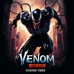 A dynamic movie poster for 'Chaos Rises', featuring a powerful, menacing depiction of Venom in full action pose