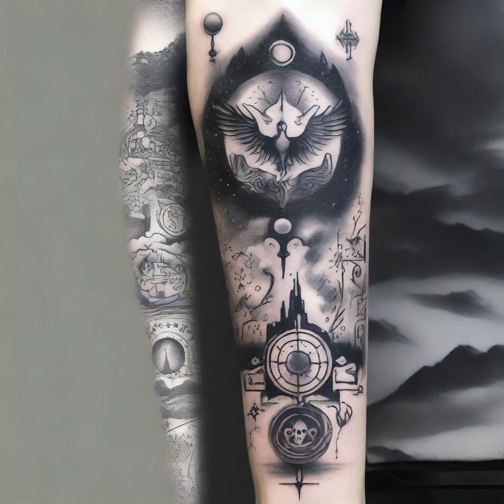 A light-themed black and white sleeve tattoo design showing a narrative of spiritual communication between spirit and heaven, with elements of astral projection, reincarnation, and multidimensional frequencies