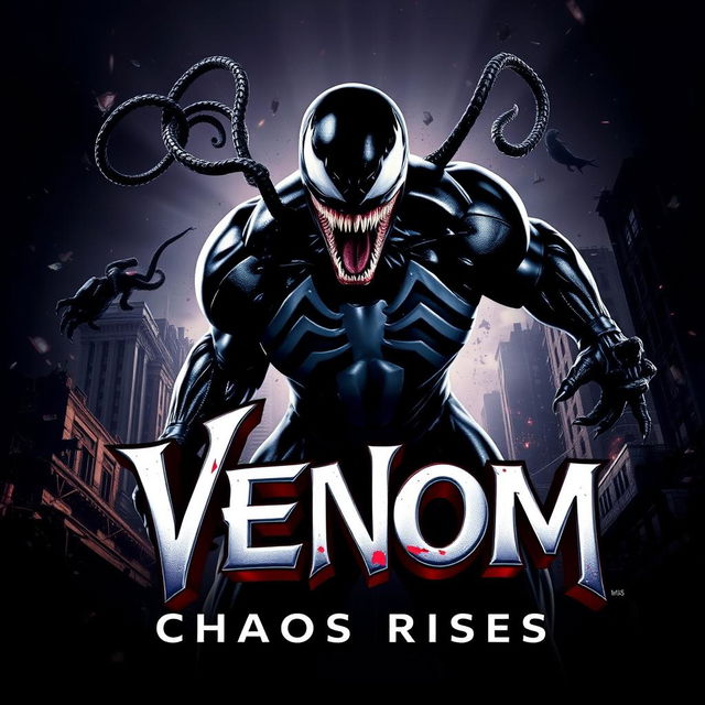 A dynamic movie poster for 'Chaos Rises', featuring a powerful, menacing depiction of Venom in full action pose