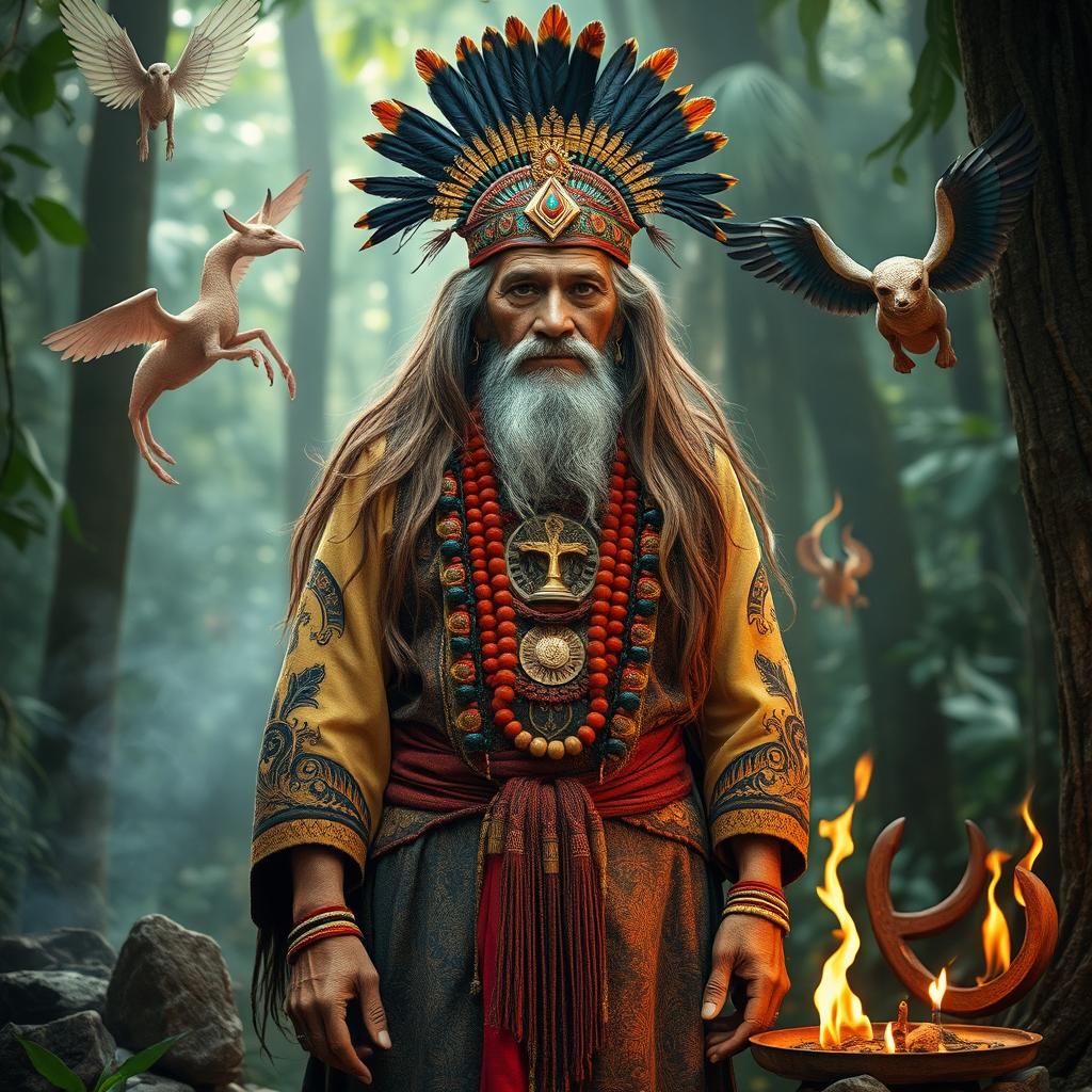 A mystical shaman of the Majapahit kingdom, dressed in traditional attire adorned with intricate patterns and vibrant colors, standing in a sacred forest