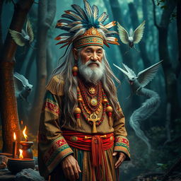 A mystical shaman of the Majapahit kingdom, dressed in traditional attire adorned with intricate patterns and vibrant colors, standing in a sacred forest