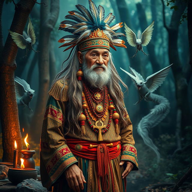 A mystical shaman of the Majapahit kingdom, dressed in traditional attire adorned with intricate patterns and vibrant colors, standing in a sacred forest