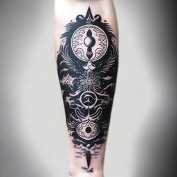 A light-themed black and white sleeve tattoo design showing a narrative of spiritual communication between spirit and heaven, with elements of astral projection, reincarnation, and multidimensional frequencies