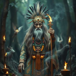 A mystical shaman of the Majapahit kingdom, dressed in traditional attire adorned with intricate patterns and vibrant colors, standing in a sacred forest