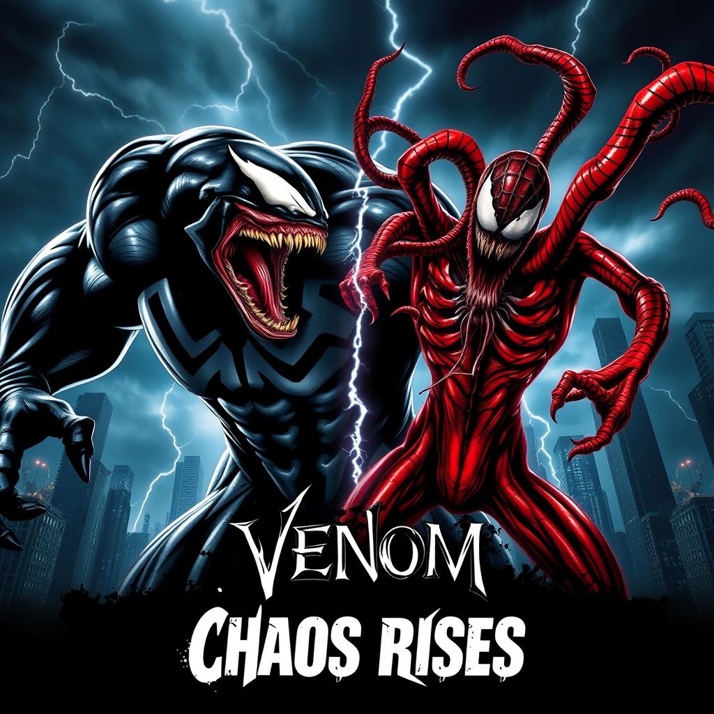 A dramatic and intense movie poster for "Chaos Rises," featuring Venom and Carnage in an epic confrontation