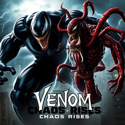 A dramatic and intense movie poster for "Chaos Rises," featuring Venom and Carnage in an epic confrontation
