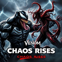 A dramatic and intense movie poster for "Chaos Rises," featuring Venom and Carnage in an epic confrontation