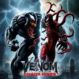 A dramatic and intense movie poster for "Chaos Rises," featuring Venom and Carnage in an epic confrontation