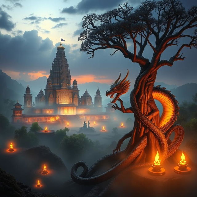 A mystical scene depicting the Majapahit kingdom intertwined with its rich myths and legends