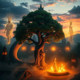 A mystical scene depicting the Majapahit kingdom intertwined with its rich myths and legends