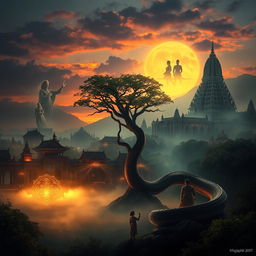 A mystical scene depicting the Majapahit kingdom intertwined with its rich myths and legends