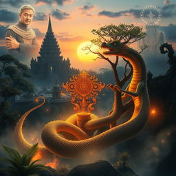 A mystical scene depicting the Majapahit kingdom intertwined with its rich myths and legends