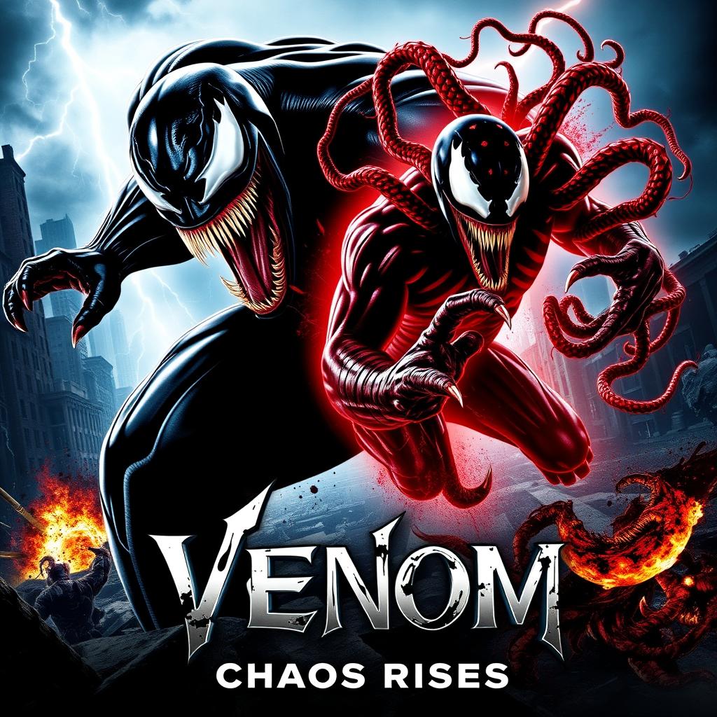 An electrifying movie poster for 'Venom 2: Chaos Rises,' showcasing an intense battle between Venom and Carnage