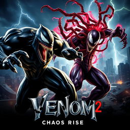 An electrifying movie poster for 'Venom 2: Chaos Rises,' showcasing an intense battle between Venom and Carnage