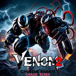 An electrifying movie poster for 'Venom 2: Chaos Rises,' showcasing an intense battle between Venom and Carnage