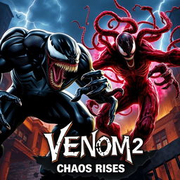 An electrifying movie poster for 'Venom 2: Chaos Rises,' showcasing an intense battle between Venom and Carnage
