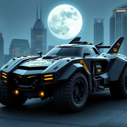A Batmobile inspired by the 1966 classic and the 2015 modern design, featuring a robust, military-style body with angular lines and a sleek, aerodynamic silhouette