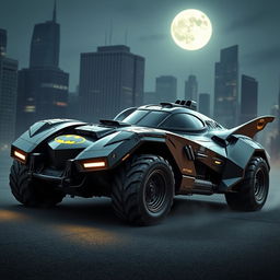 A Batmobile inspired by the 1966 classic and the 2015 modern design, featuring a robust, military-style body with angular lines and a sleek, aerodynamic silhouette