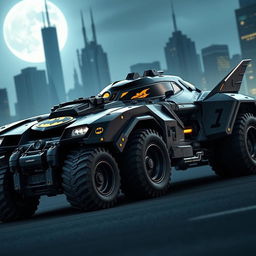 A Batmobile inspired by the 1966 classic and the 2015 modern design, featuring a robust, military-style body with angular lines and a sleek, aerodynamic silhouette