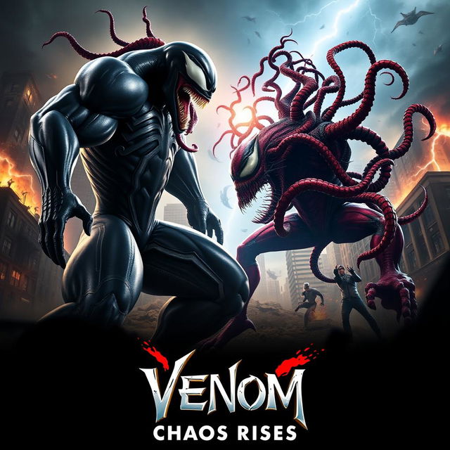 An exhilarating movie poster for 'Venom 2: Chaos Rises,' capturing the fierce battle between Venom and Carnage