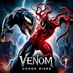 An exhilarating movie poster for 'Venom 2: Chaos Rises,' capturing the fierce battle between Venom and Carnage