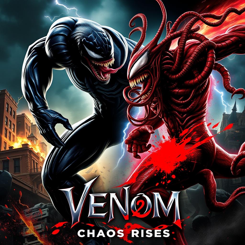 An exhilarating movie poster for 'Venom 2: Chaos Rises,' capturing the fierce battle between Venom and Carnage