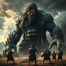A dramatic scene featuring the worst giant of the Majapahit kingdom, towering ominously over the landscape