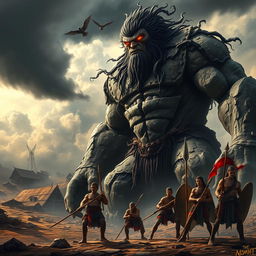 A dramatic scene featuring the worst giant of the Majapahit kingdom, towering ominously over the landscape