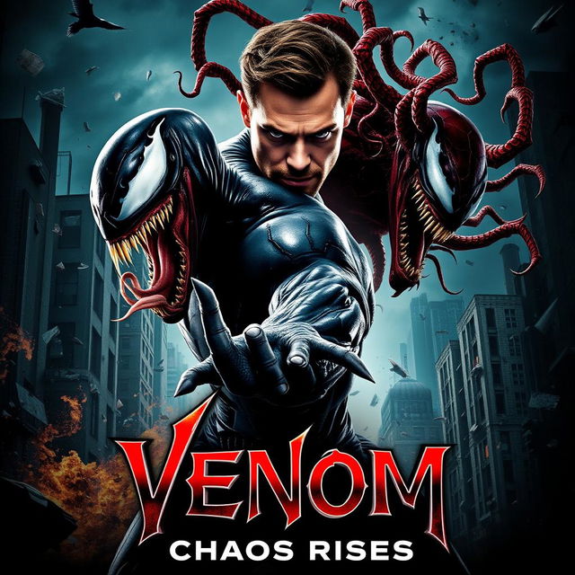 An action-packed movie poster for 'Venom 2: Chaos Rises', featuring Tom Hardy as Venom in a striking pose