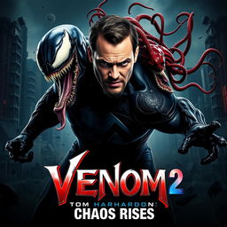 An action-packed movie poster for 'Venom 2: Chaos Rises', featuring Tom Hardy as Venom in a striking pose