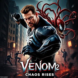 An action-packed movie poster for 'Venom 2: Chaos Rises', featuring Tom Hardy as Venom in a striking pose
