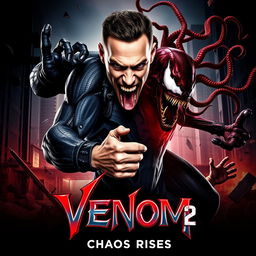 An action-packed movie poster for 'Venom 2: Chaos Rises', featuring Tom Hardy as Venom in a striking pose