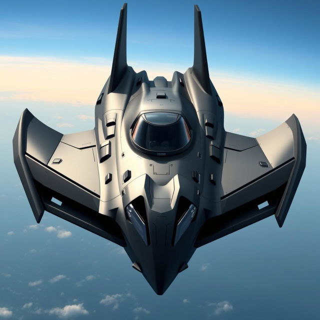 A Batman-themed airplane designed with influences from the 1966 Batmobile and the 2015 Batmobile, featuring a robust, modern, and military aesthetic