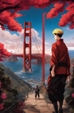 Golden Gate Bridge rendered in Jujutsu Kaisen style with vibrant colors, dramatic sky, and characters in foreground.