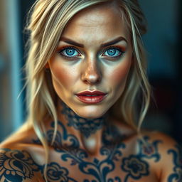 A full-length portrait of a 35-year-old woman with light blonde hair and striking blue eyes