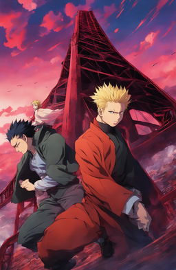 Golden Gate Bridge rendered in Jujutsu Kaisen style with vibrant colors, dramatic sky, and characters in foreground.