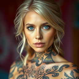 A full-length portrait of a 35-year-old woman with light blonde hair and striking blue eyes