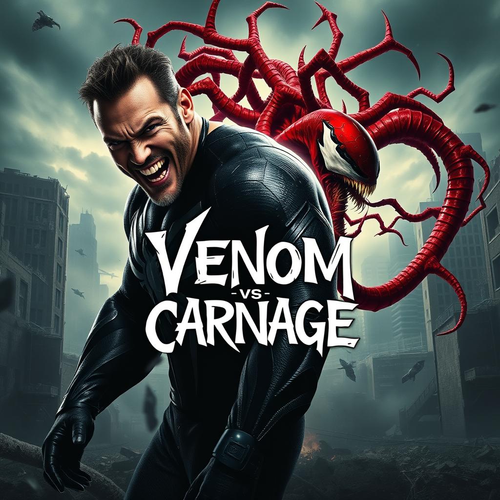 A gripping movie poster for 'VENOM vs CARNAGE,' featuring Tom Hardy as Venom in an imposing stance, showcasing his powerful physique and menacing grin while exuding a dark aura