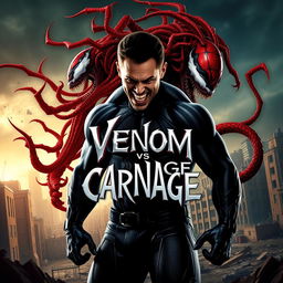 A gripping movie poster for 'VENOM vs CARNAGE,' featuring Tom Hardy as Venom in an imposing stance, showcasing his powerful physique and menacing grin while exuding a dark aura