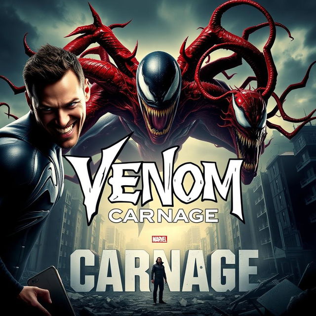 A gripping movie poster for 'VENOM vs CARNAGE,' featuring Tom Hardy as Venom in an imposing stance, showcasing his powerful physique and menacing grin while exuding a dark aura