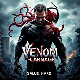A gripping movie poster for 'VENOM vs CARNAGE,' featuring Tom Hardy as Venom in an imposing stance, showcasing his powerful physique and menacing grin while exuding a dark aura
