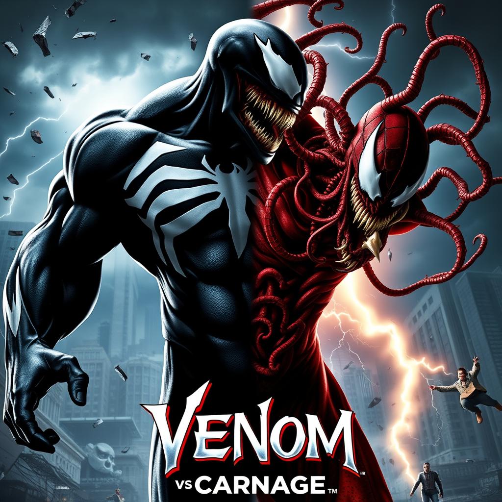 An intense movie poster showcasing the epic showdown between Venom, featuring striking white veins against his traditional black symbiote form, and Carnage, whose chaotic red and black design embodies madness